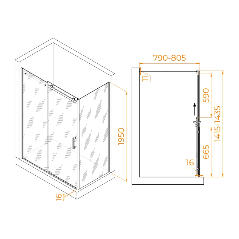 Душевой уголок RGW Tornado TO-44-1B (TO-14B + Z-060-2B) 020744148-14, 140 x 80 см, стекло прозрачное, профиль черный