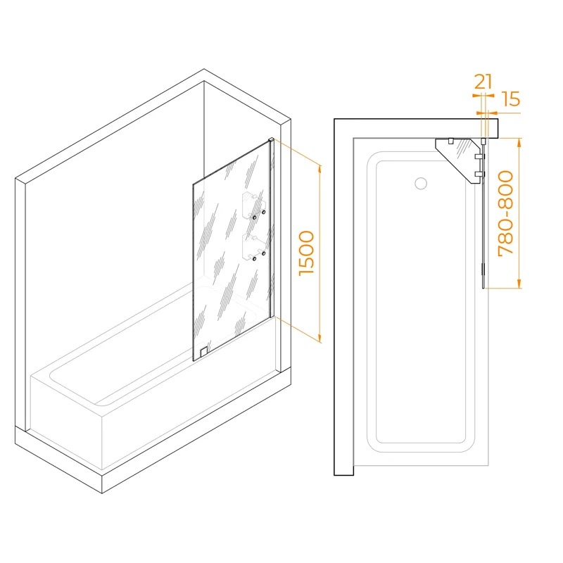 Душевая шторка на ванну RGW SC-53, 80 х 150 см, профиль хром, стекло прозрачное, с пристенными боковыми полочками, 03115308-11