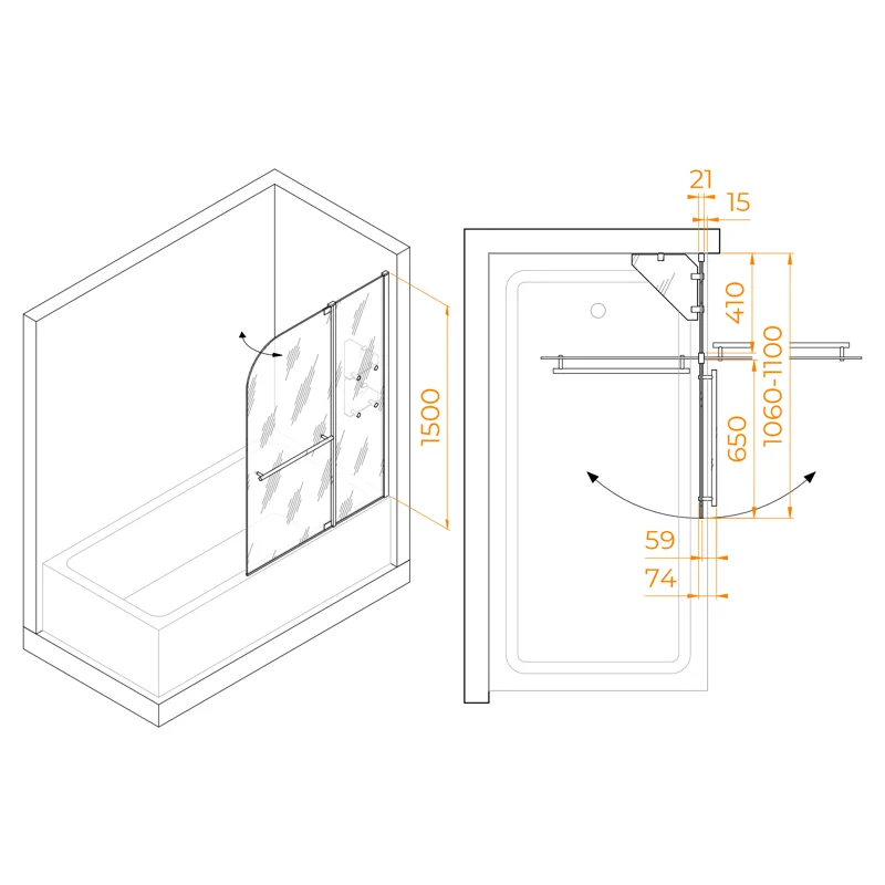 Шторка на ванну RGW SC-03, 03110311-11, 110 x 150 см стекло прозрачное, хром