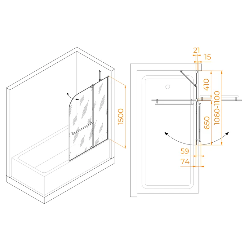 Шторка на ванну RGW SC-03, 03110311-11, 110 x 150 см стекло прозрачное, хром