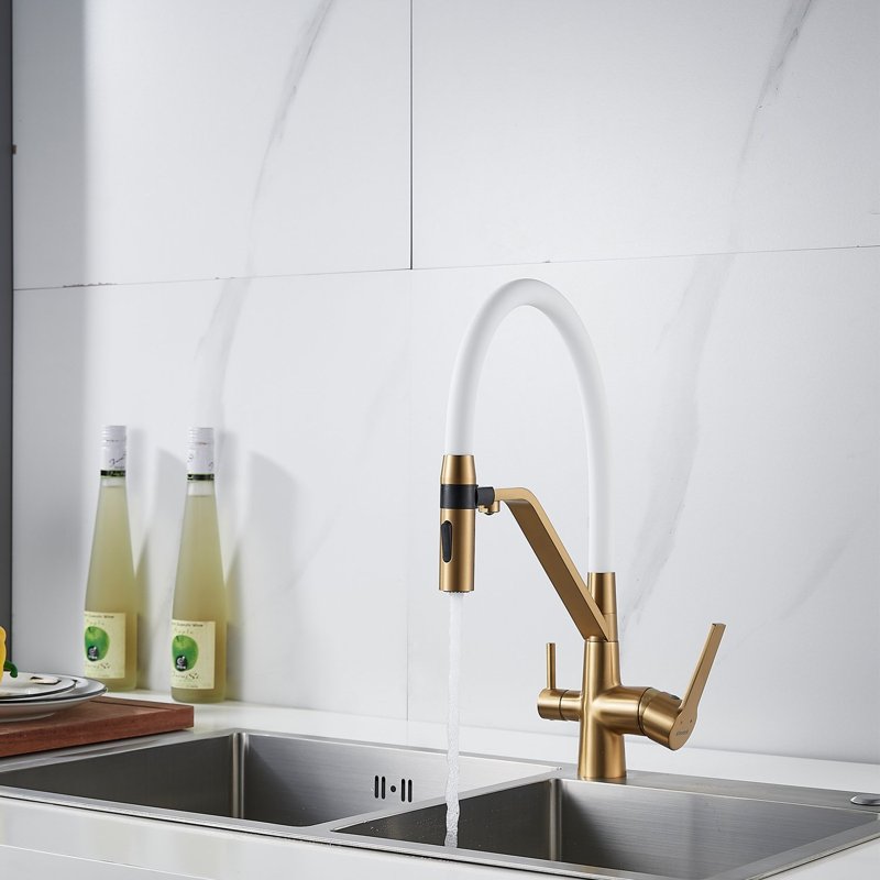 Смеситель для кухни с гибким изливом и подключением фильтра Shevanik S278G, золотой сатин