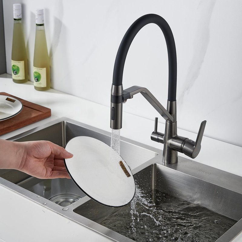 Смеситель для кухни с гибким изливом и подключением фильтра Shevanik S278T, оружейная сталь