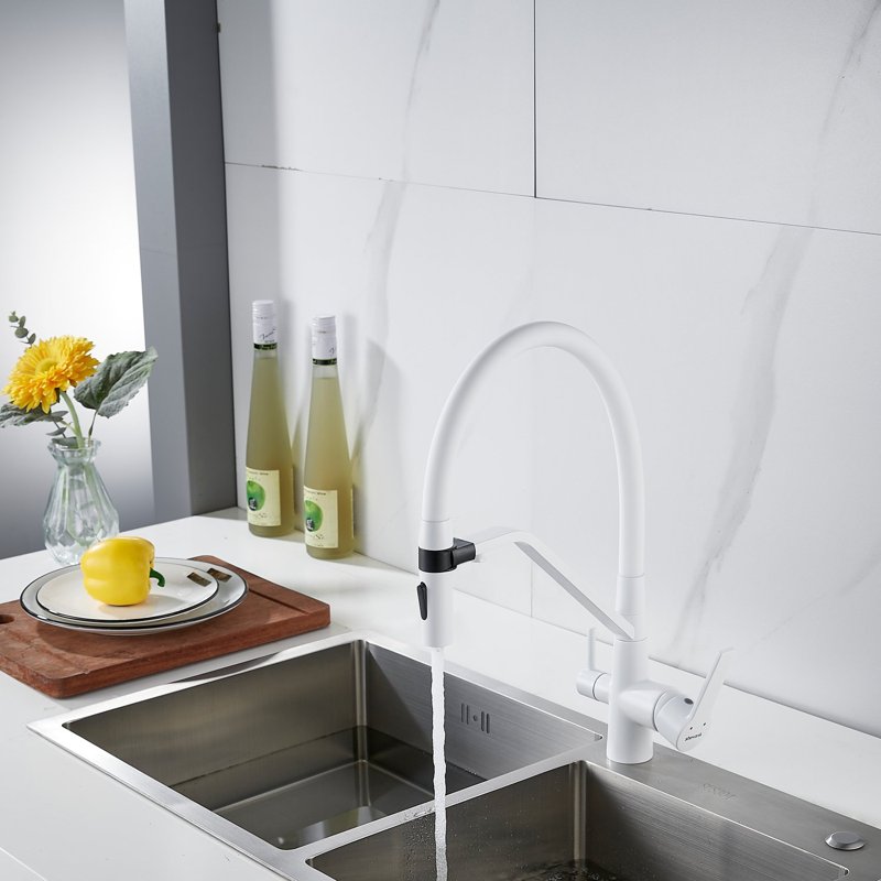 Смеситель для кухни с гибким изливом и подключением фильтра Shevanik S278C, белый