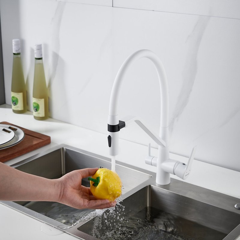 Смеситель для кухни с гибким изливом и подключением фильтра Shevanik S278C, белый