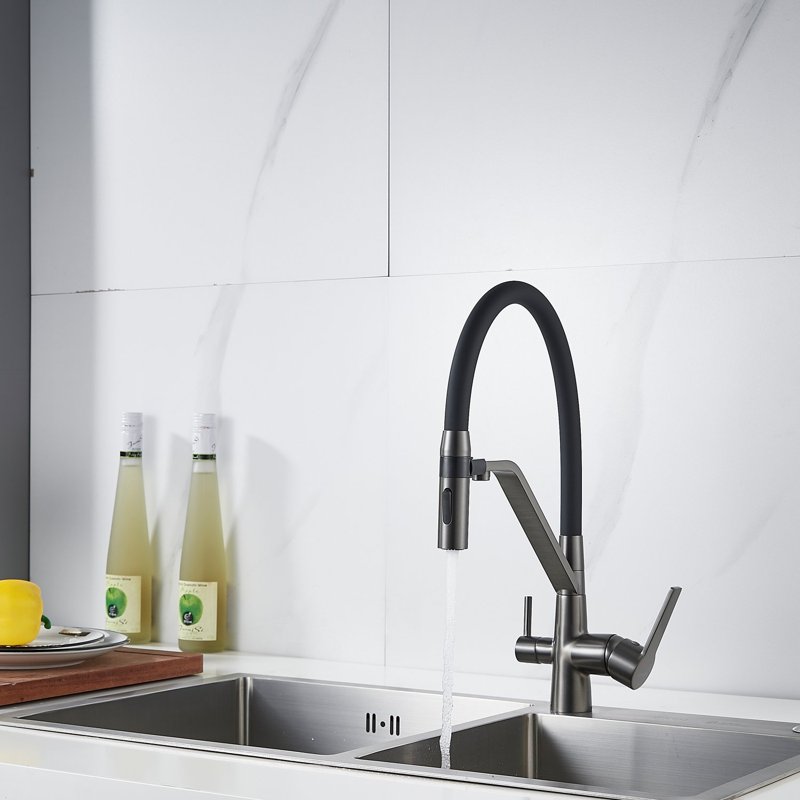 Смеситель для кухни с гибким изливом и подключением фильтра Shevanik S278T, оружейная сталь