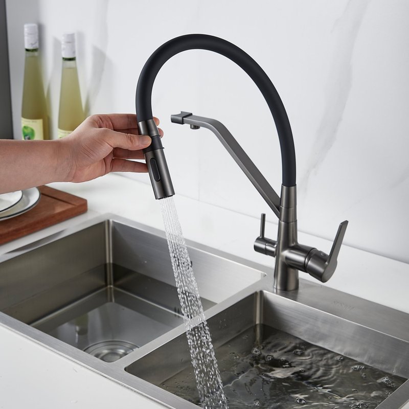 Смеситель для кухни с гибким изливом и подключением фильтра Shevanik S278T, оружейная сталь