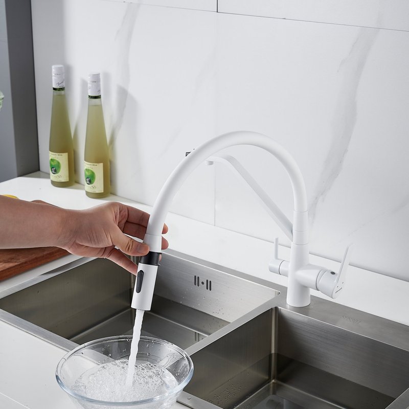 Смеситель для кухни с гибким изливом и подключением фильтра Shevanik S278C, белый