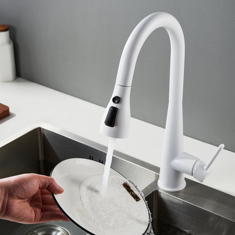 Смеситель для кухни с выдвижным изливом Shevanik S363C, белый