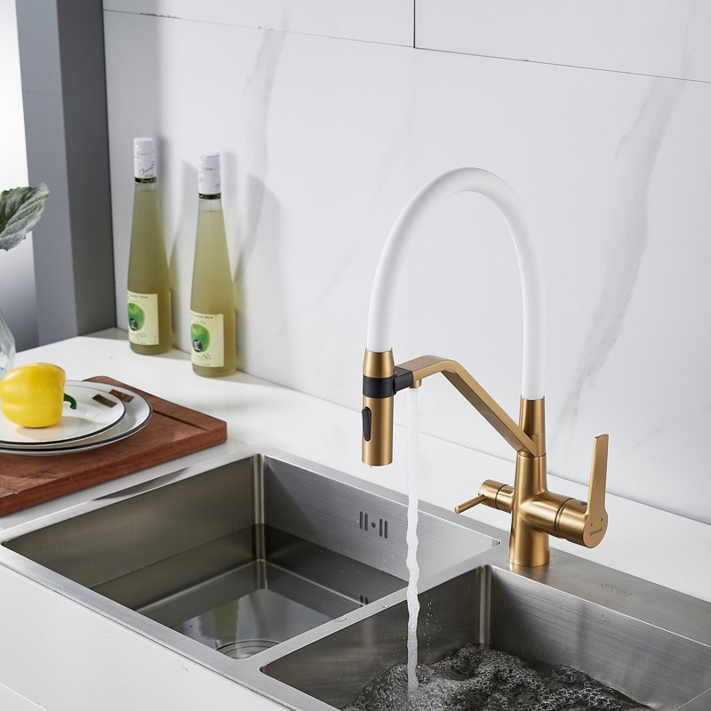 Смеситель для кухни с гибким изливом и подключением фильтра Shevanik S278G, золотой сатин