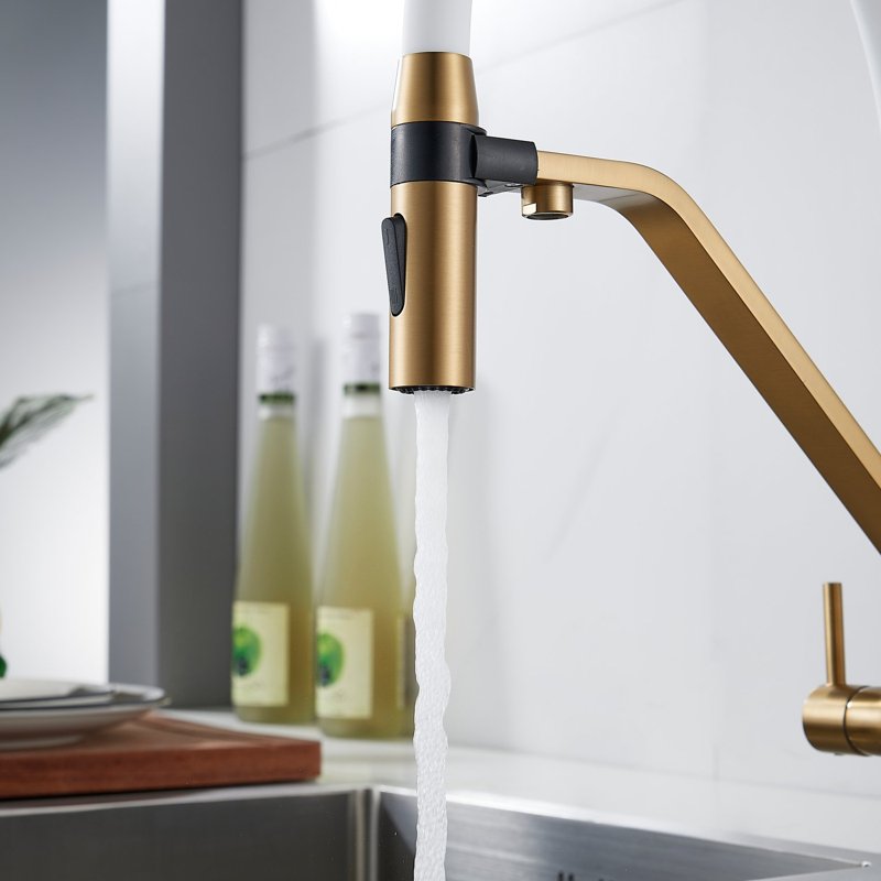 Смеситель для кухни с гибким изливом и подключением фильтра Shevanik S278G, золотой сатин