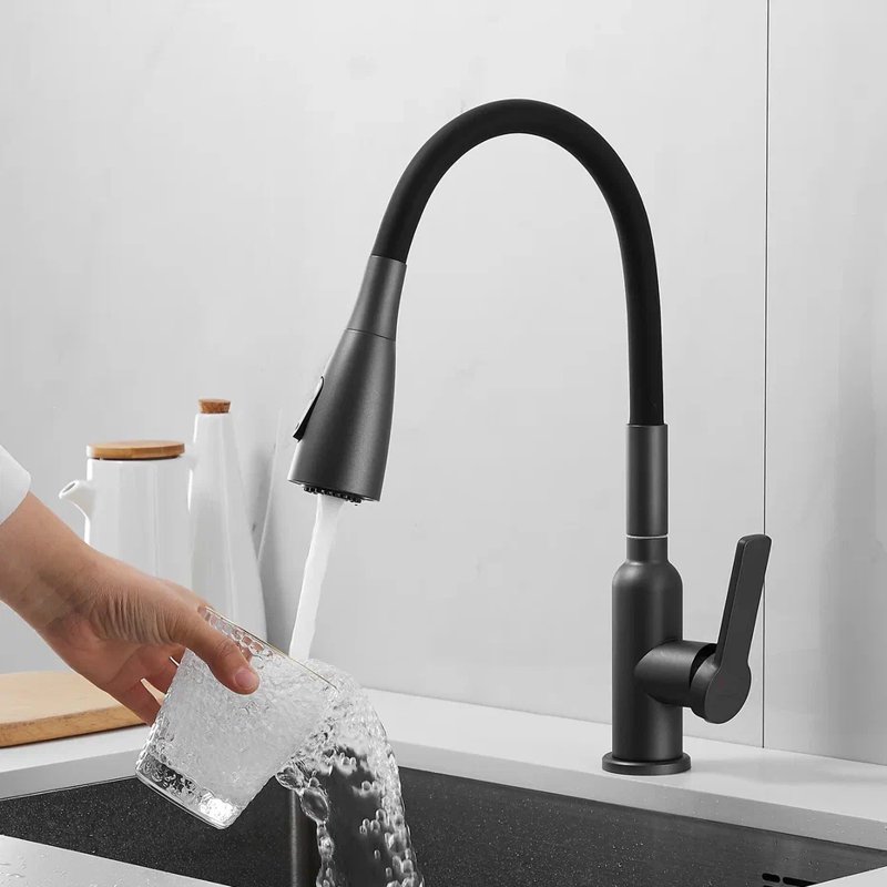 Смеситель для кухни с гибким изливом Shevanik S843T-3, оружейная сталь/черный