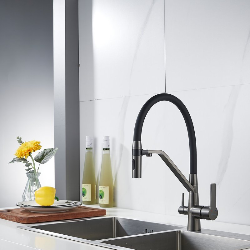 Смеситель для кухни с гибким изливом и подключением фильтра Shevanik S278T, оружейная сталь