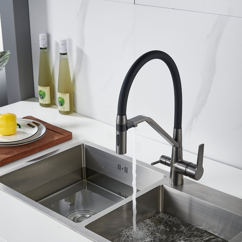 Смеситель для кухни с гибким изливом и подключением фильтра Shevanik S278T, оружейная сталь