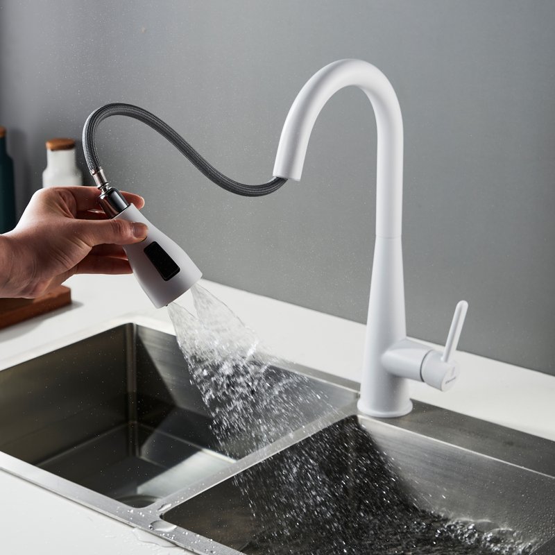 Смеситель для кухни с выдвижным изливом Shevanik S363C, белый