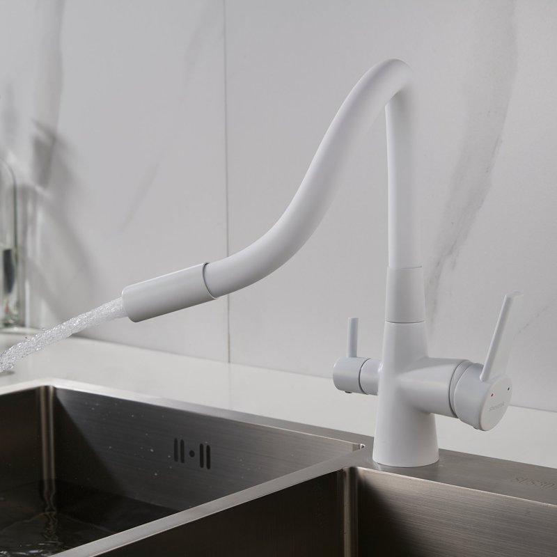 Смеситель для кухни с гибким изливом и подключением фильтра Shevanik S668C, белый