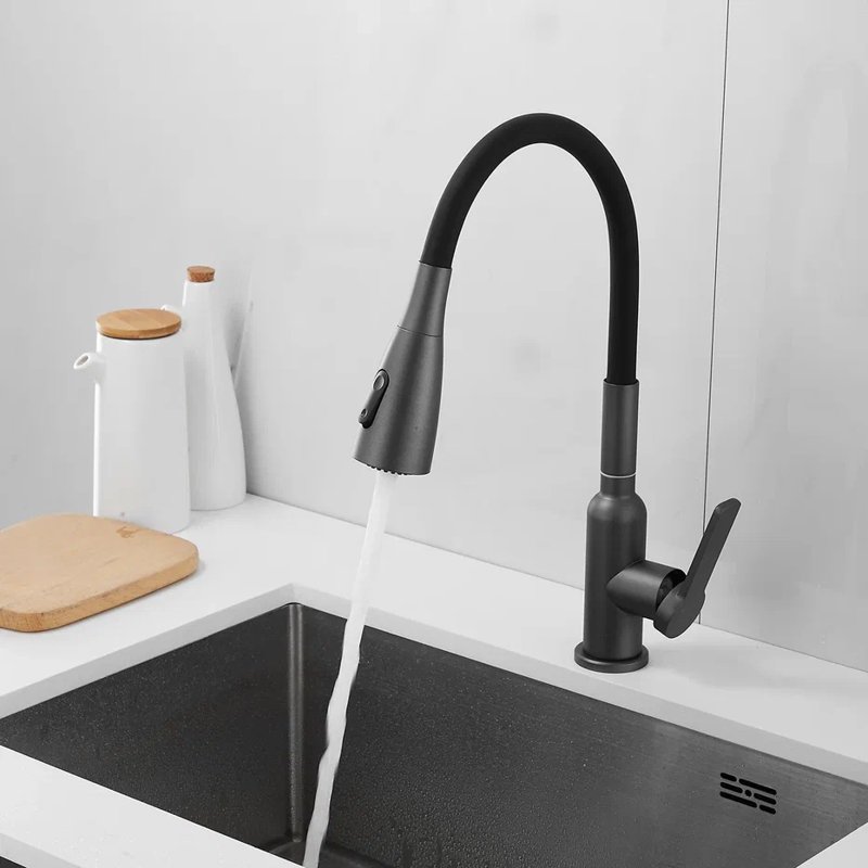 Смеситель для кухни с гибким изливом Shevanik S843T-3, оружейная сталь/черный