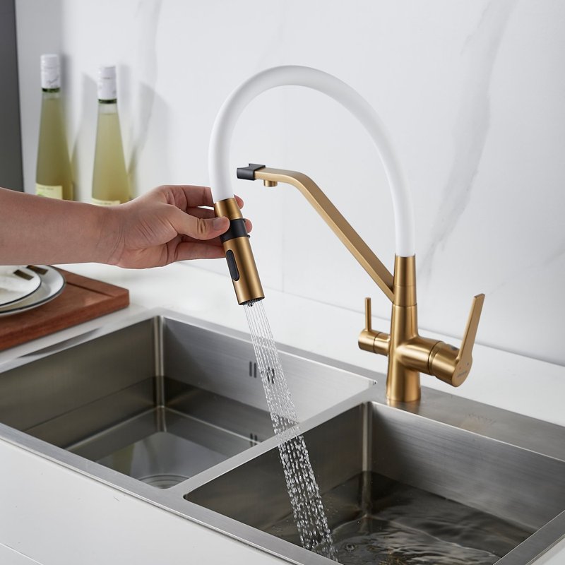 Смеситель для кухни с гибким изливом и подключением фильтра Shevanik S278G, золотой сатин