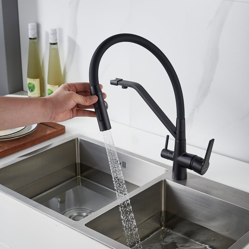 Смеситель для кухни с гибким изливом и подключением фильтра Shevanik S278H, черный