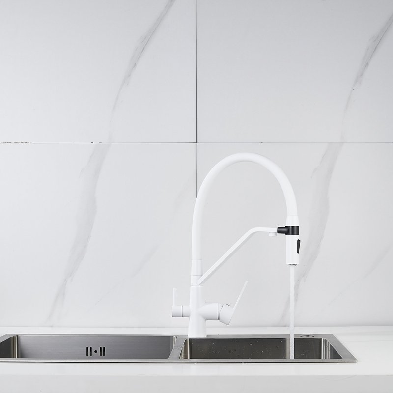 Смеситель для кухни с гибким изливом и подключением фильтра Shevanik S278C, белый