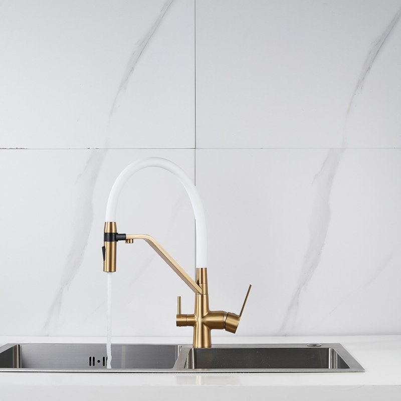 Смеситель для кухни с гибким изливом и подключением фильтра Shevanik S278G, золотой сатин