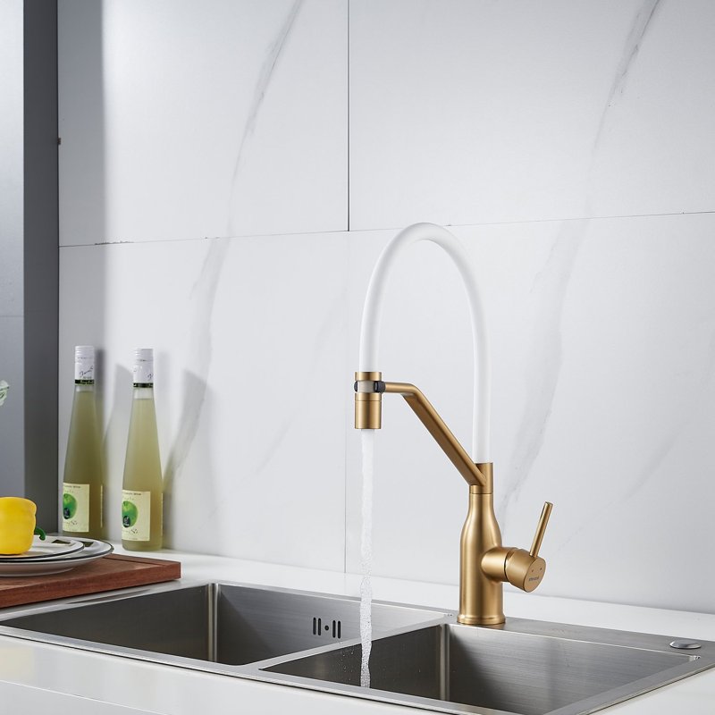 Смеситель для кухни с гибким изливом Shevanik S343G-1, золотой сатин