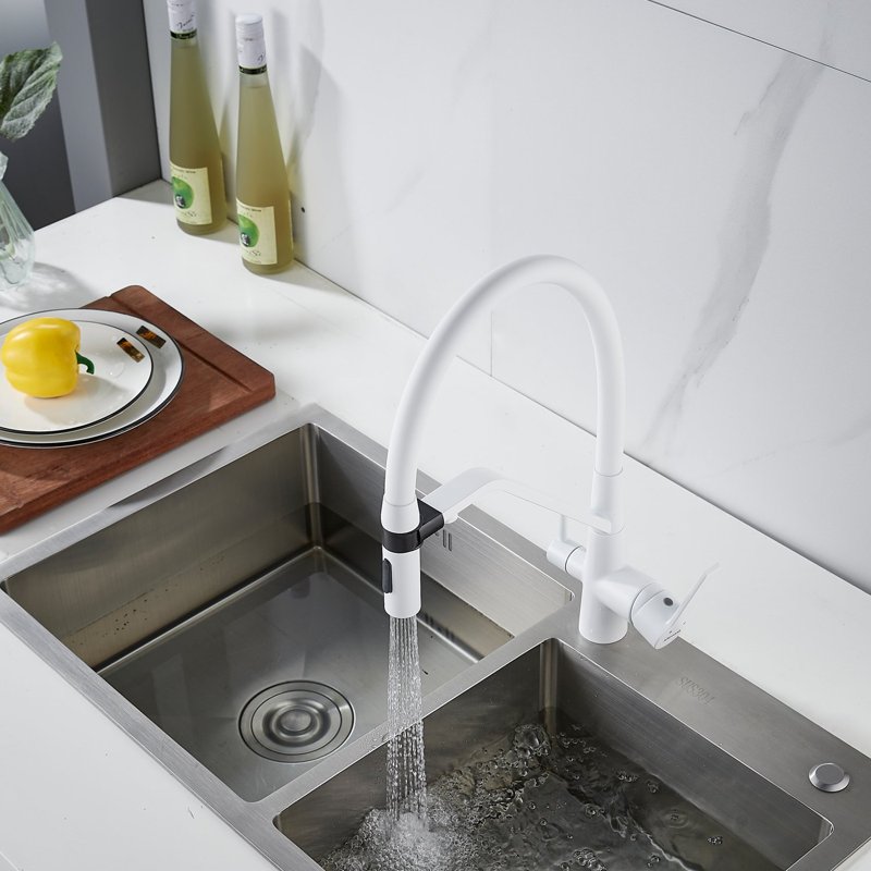 Смеситель для кухни с гибким изливом и подключением фильтра Shevanik S278C, белый