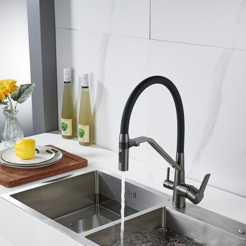 Смеситель для кухни с гибким изливом и подключением фильтра Shevanik S278T, оружейная сталь