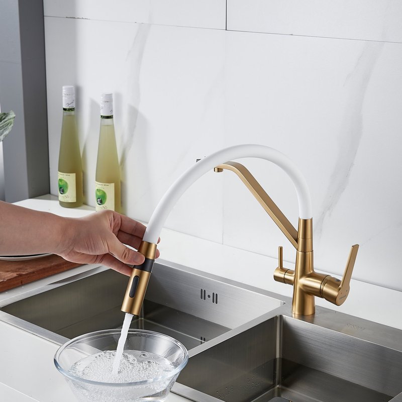 Смеситель для кухни с гибким изливом и подключением фильтра Shevanik S278G, золотой сатин