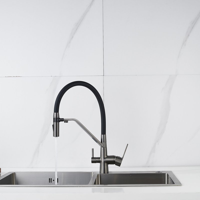 Смеситель для кухни с гибким изливом и подключением фильтра Shevanik S278T, оружейная сталь