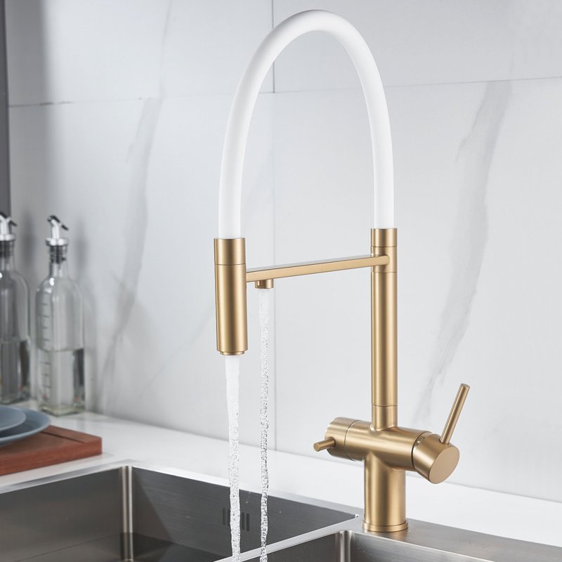 Смеситель для кухни с гибким изливом и подключением фильтра Shevanik S178G, золотой сатин/белый