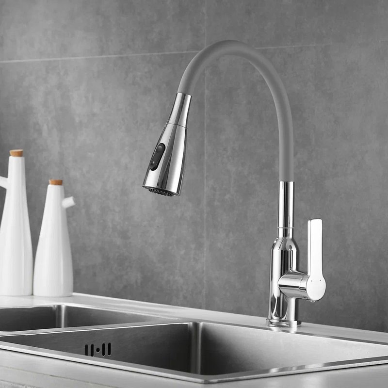 Смеситель для кухни с гибким изливом Shevanik S843-9, хром/серый