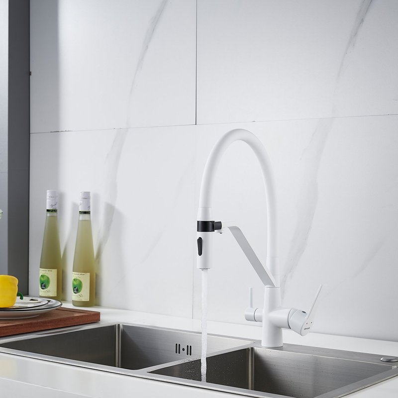 Смеситель для кухни с гибким изливом и подключением фильтра Shevanik S278C, белый