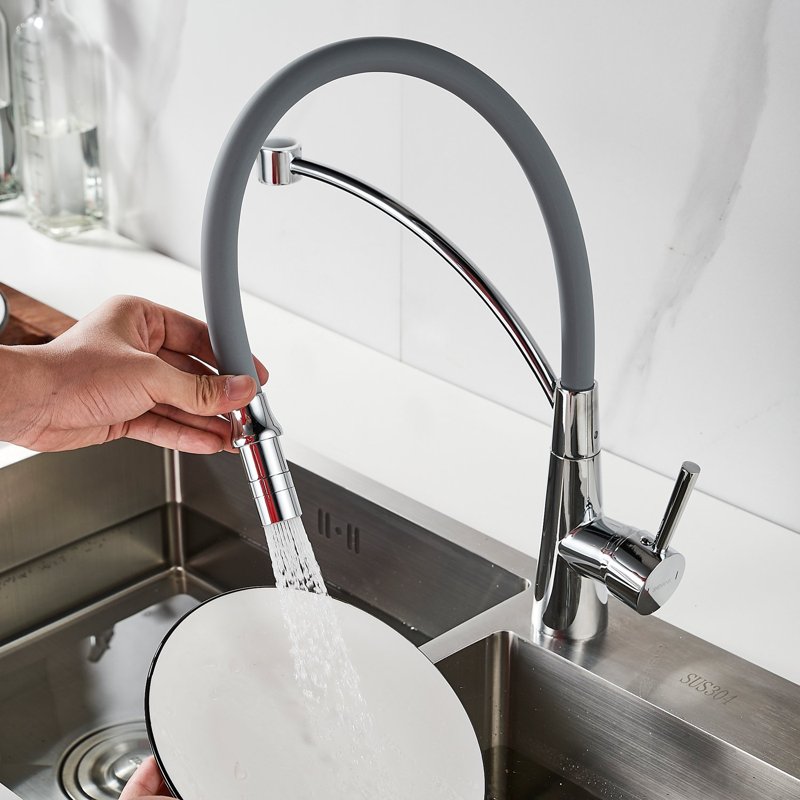 Смеситель для кухни с гибким изливом Shevanik S743-9, хром/серый