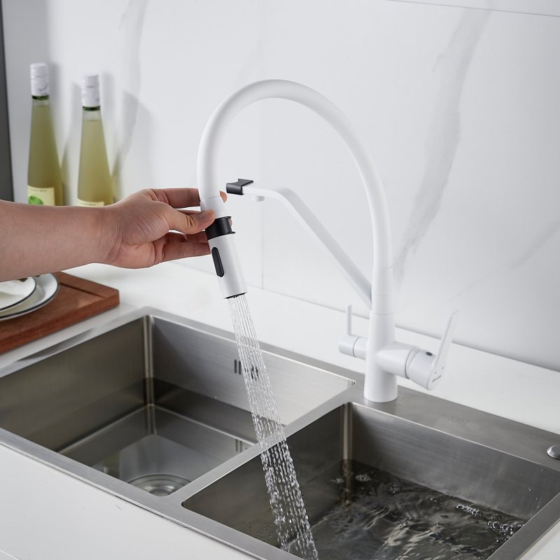 Смеситель для кухни с гибким изливом и подключением фильтра Shevanik S278C, белый