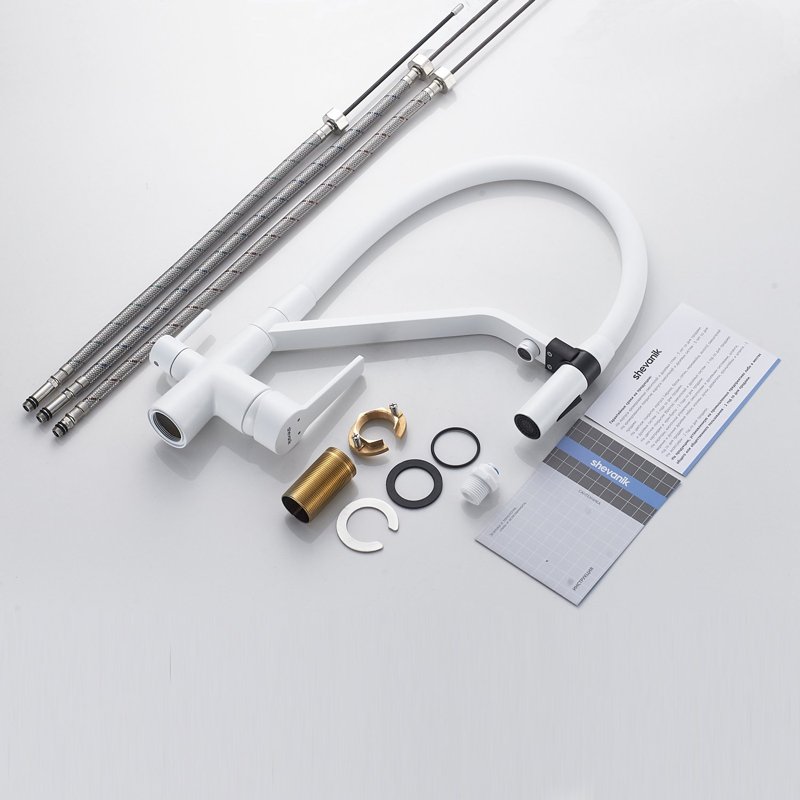 Смеситель для кухни с гибким изливом и подключением фильтра Shevanik S278C, белый