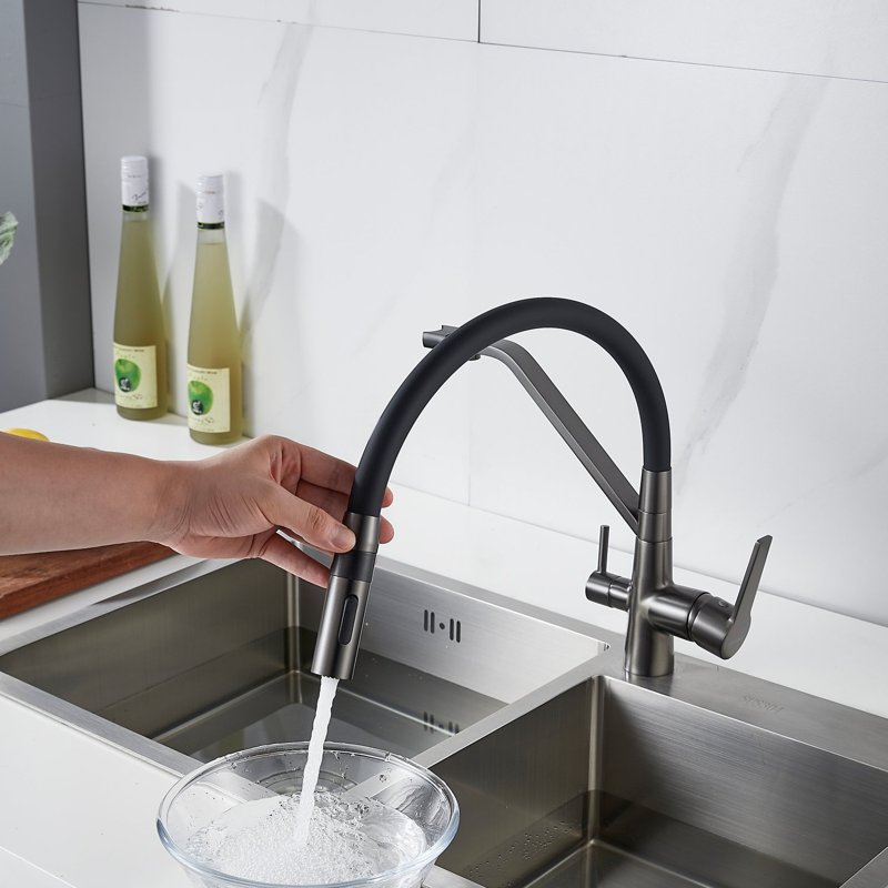 Смеситель для кухни с гибким изливом и подключением фильтра Shevanik S278T, оружейная сталь