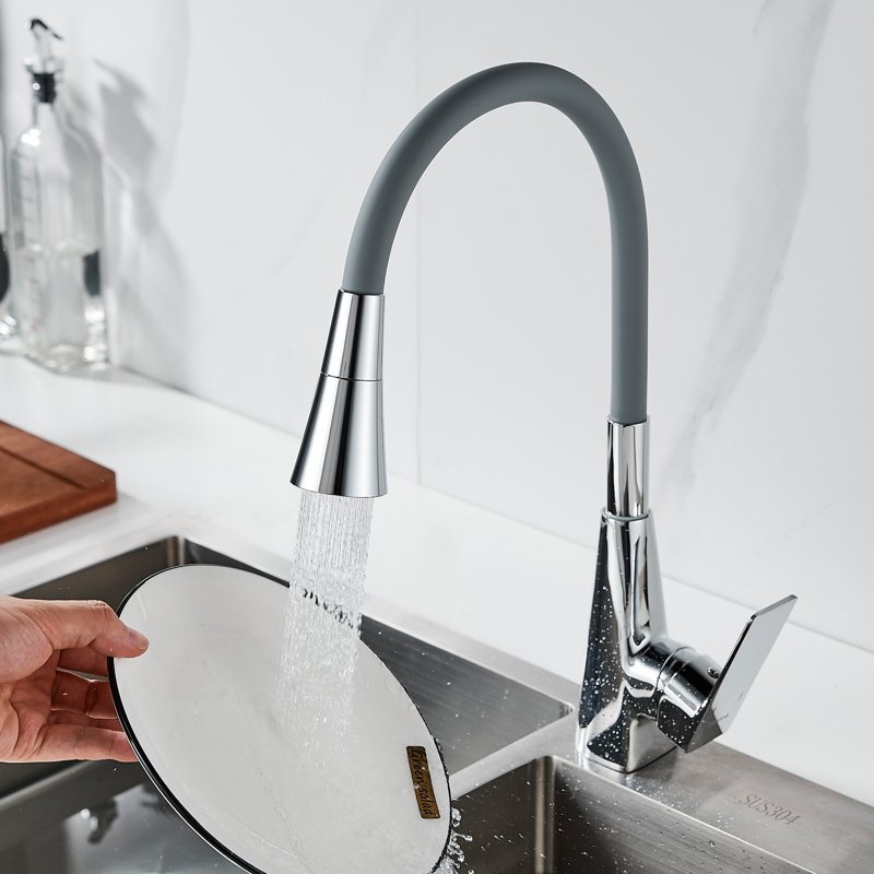 Смеситель для кухни с гибким изливом Shevanik S543-9, хром/серый