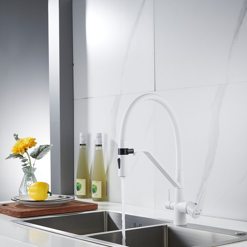 Смеситель для кухни с гибким изливом и подключением фильтра Shevanik S278C, белый