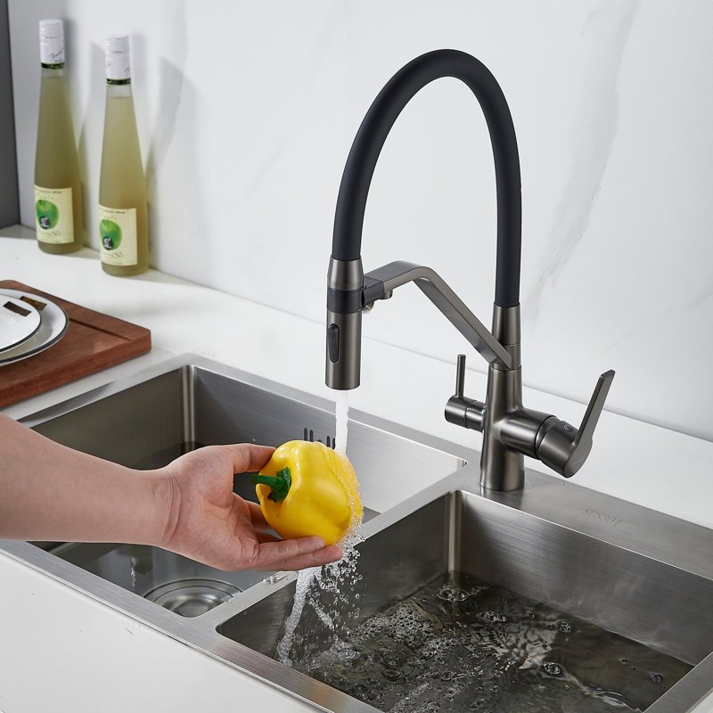 Смеситель для кухни с гибким изливом и подключением фильтра Shevanik S278T, оружейная сталь