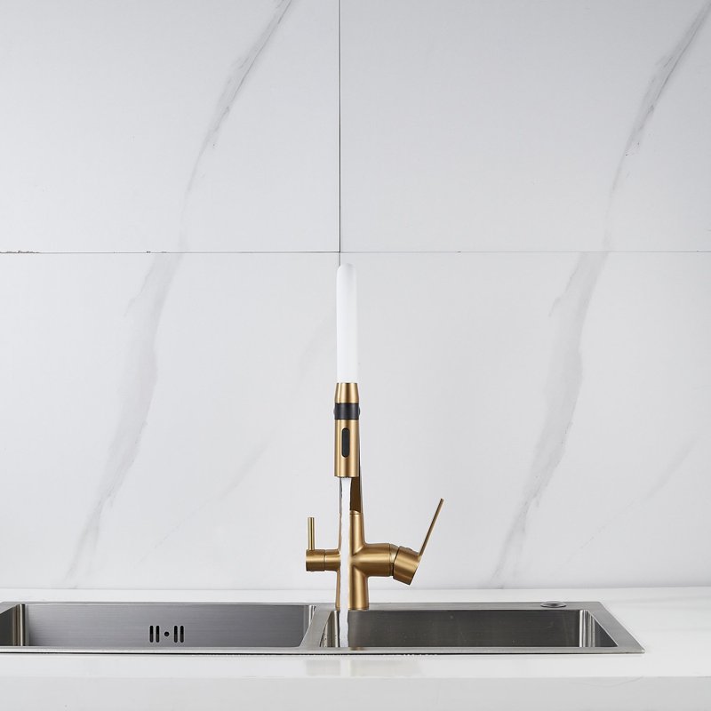 Смеситель для кухни с гибким изливом и подключением фильтра Shevanik S278G, золотой сатин