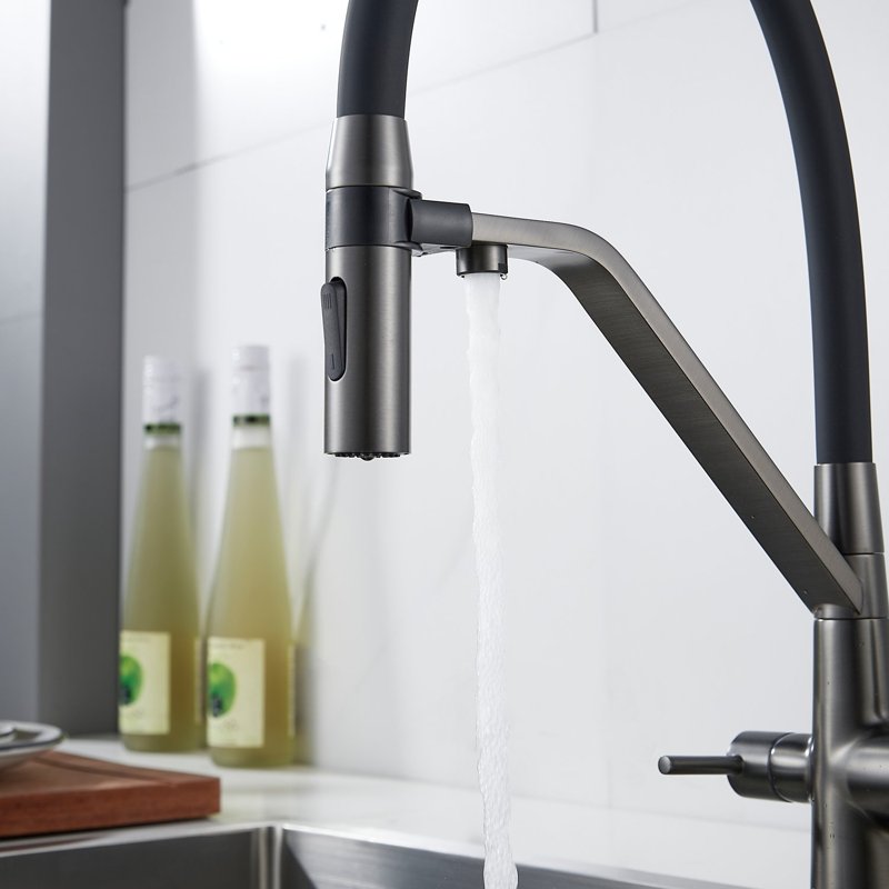 Смеситель для кухни с гибким изливом и подключением фильтра Shevanik S278T, оружейная сталь