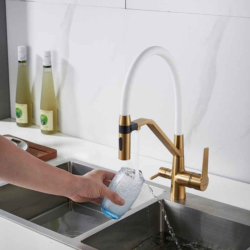 Смеситель для кухни с гибким изливом и подключением фильтра Shevanik S278G, золотой сатин