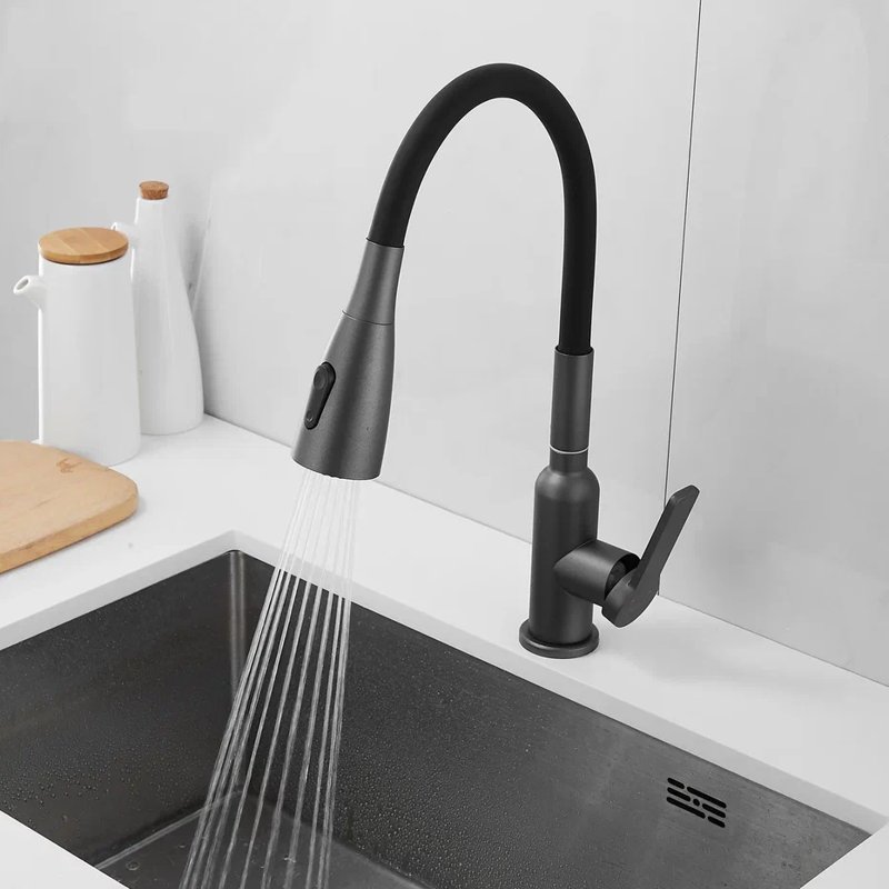 Смеситель для кухни с гибким изливом Shevanik S843T-3, оружейная сталь/черный