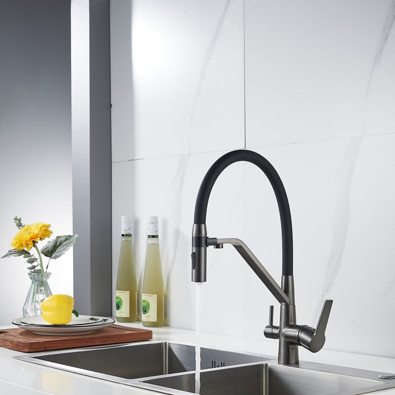 Смеситель для кухни с гибким изливом и подключением фильтра Shevanik S278T, оружейная сталь