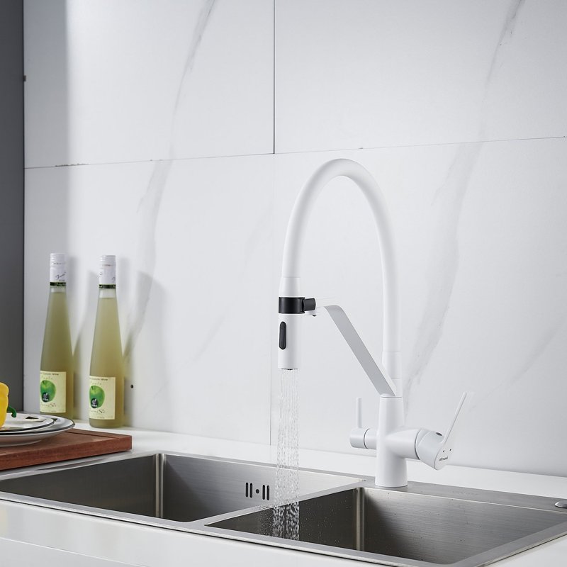 Смеситель для кухни с гибким изливом и подключением фильтра Shevanik S278C, белый