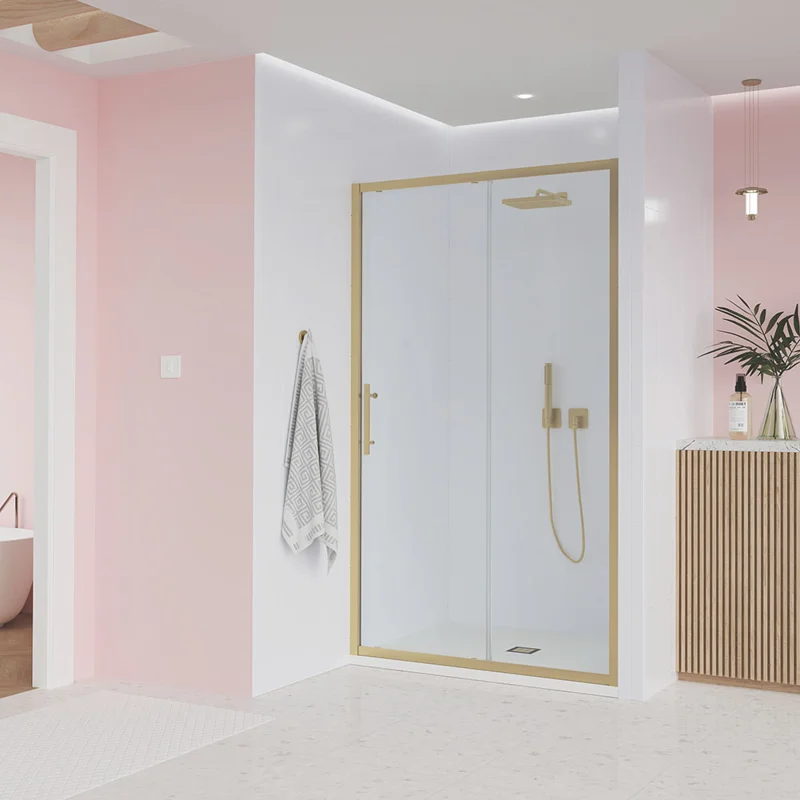 Душевая дверь Veconi Evo 100 G, 1400x1950, золото брашинг, стекло прозрачное