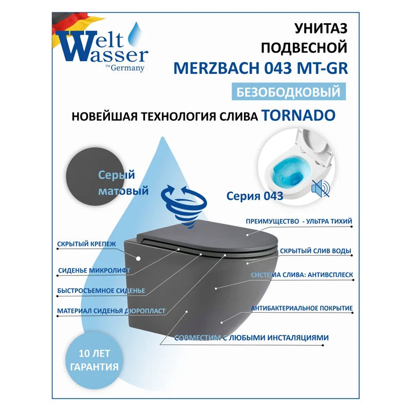 Унитаз WeltWasser Merzbach 043 MT-GR 10000009941 подвесной Серый матовый с сиденьем Микролифт