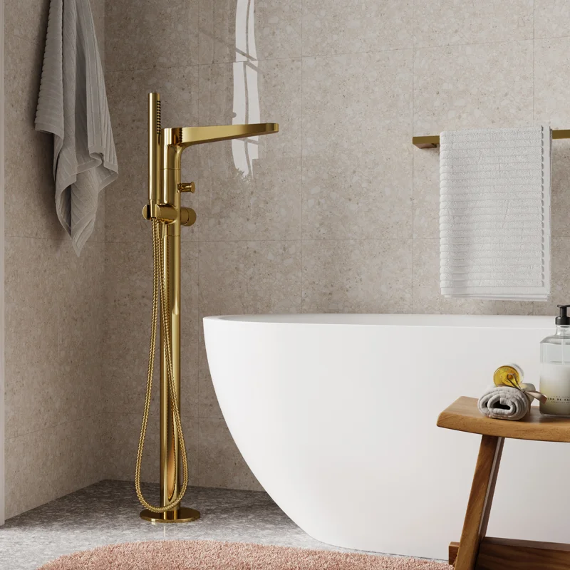 Смеситель для ванны и душа WasserKRAFT Sauer, напольный, с душевым гарнитуром, золото, 7121