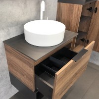 Тумба с раковиной Comforty Штутгарт, 60 см, со столешницей под мрамор Калакатта Блэк, дуб тёмно-коричневый, 00-00001698 (00-00001698CF)