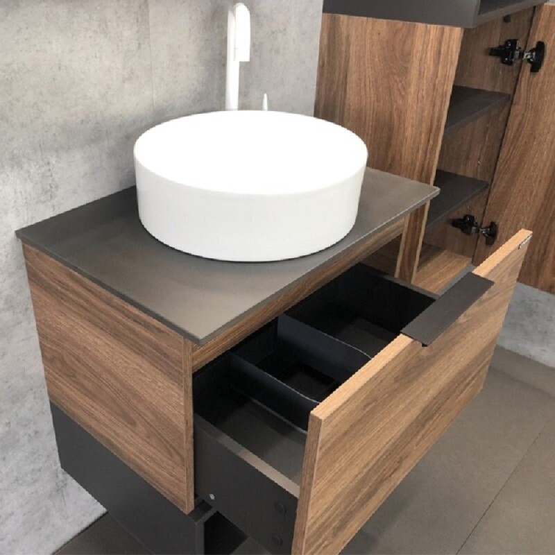 Тумба с раковиной Comforty Штутгарт, 60 см, со столешницей под мрамор Калакатта Блэк, дуб тёмно-коричневый, 00-00001698 (00-00001698CF)